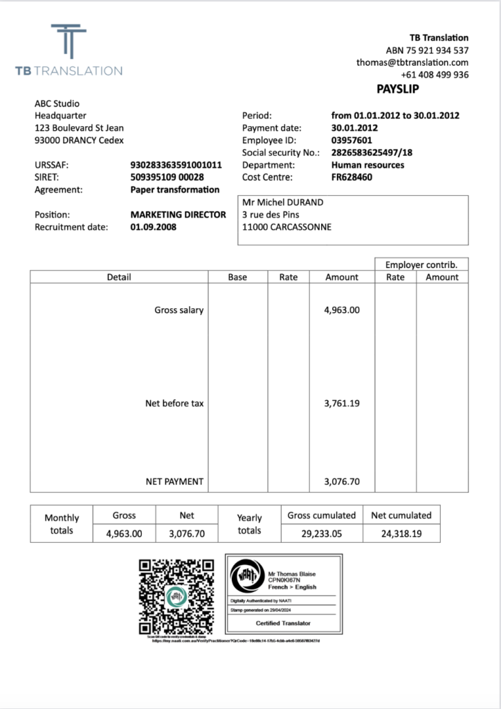 Traduction NAATI fiche de paie